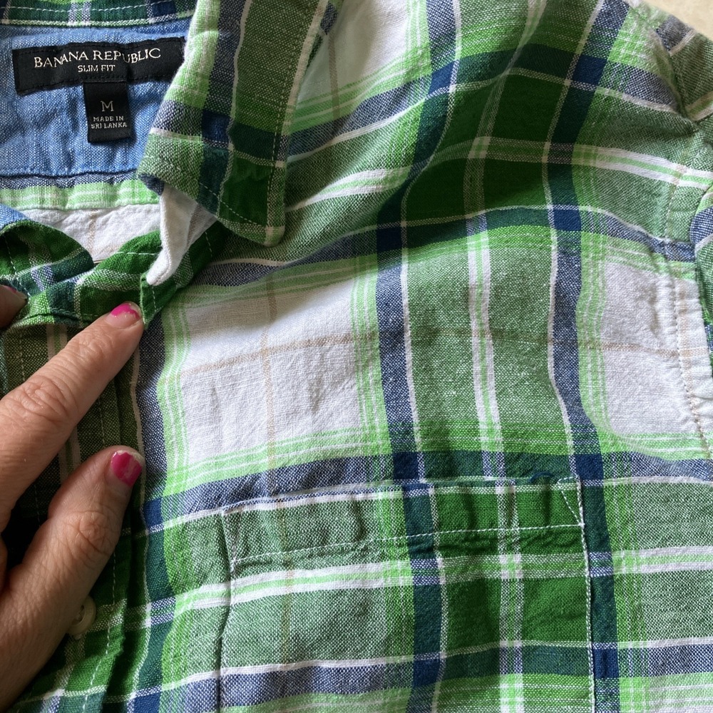 Mens Banana Republic Linen Blend Blue Green Plaid Long Slv Shirt Medium Slim Fit